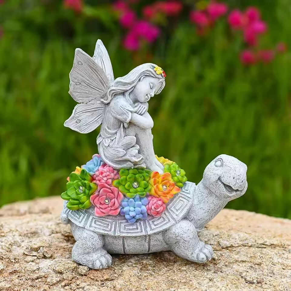 Solar Turtle Statue with Solar Light Flower Fairy Angel Garden Ornament