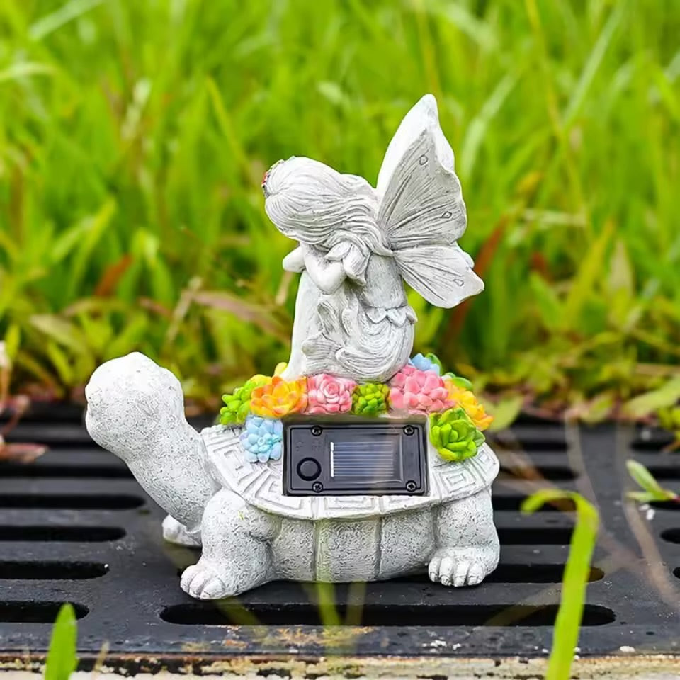 Solar Turtle Statue with Solar Light Flower Fairy Angel Garden Ornament