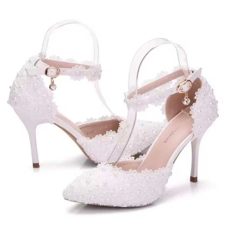 Elegant Lace Pearl Bridal Heels