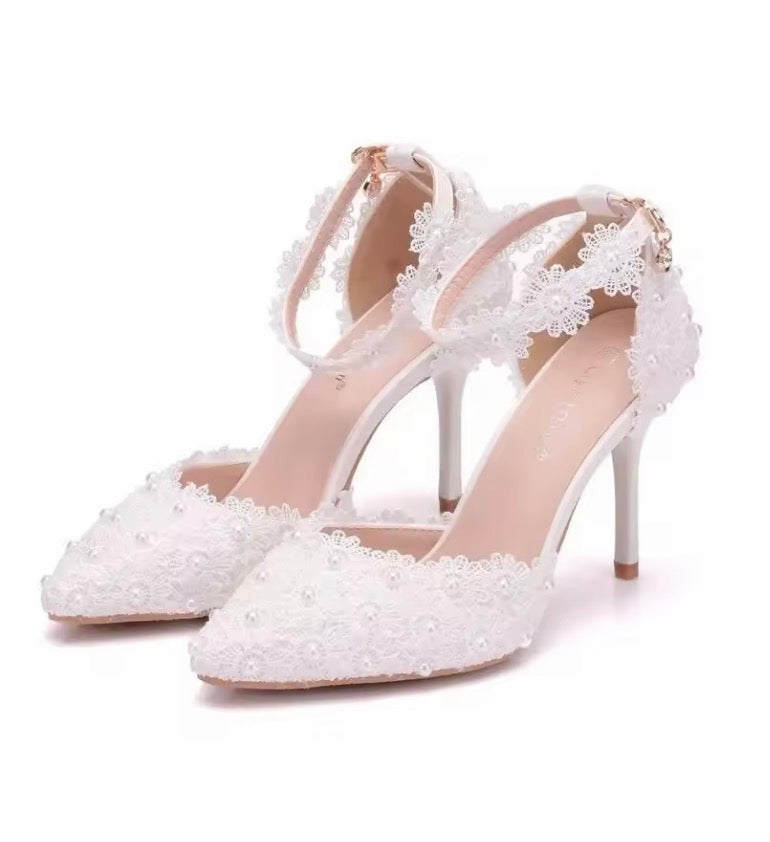 Elegant Lace Pearl Bridal Heels