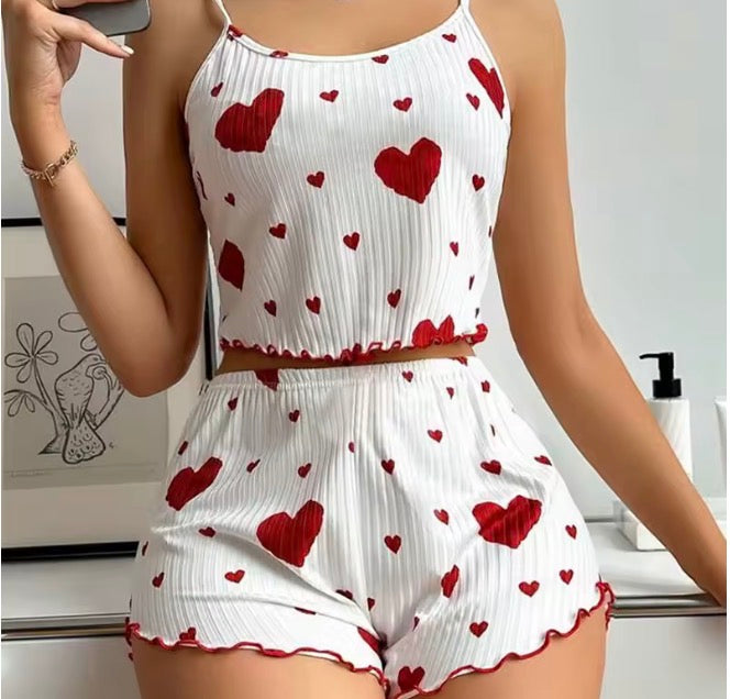 Cute Heart Print Ribbed Pyjama Set 💖