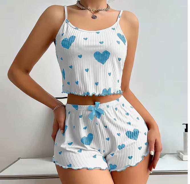 Cute Heart Print Ribbed Pyjama Set 💖