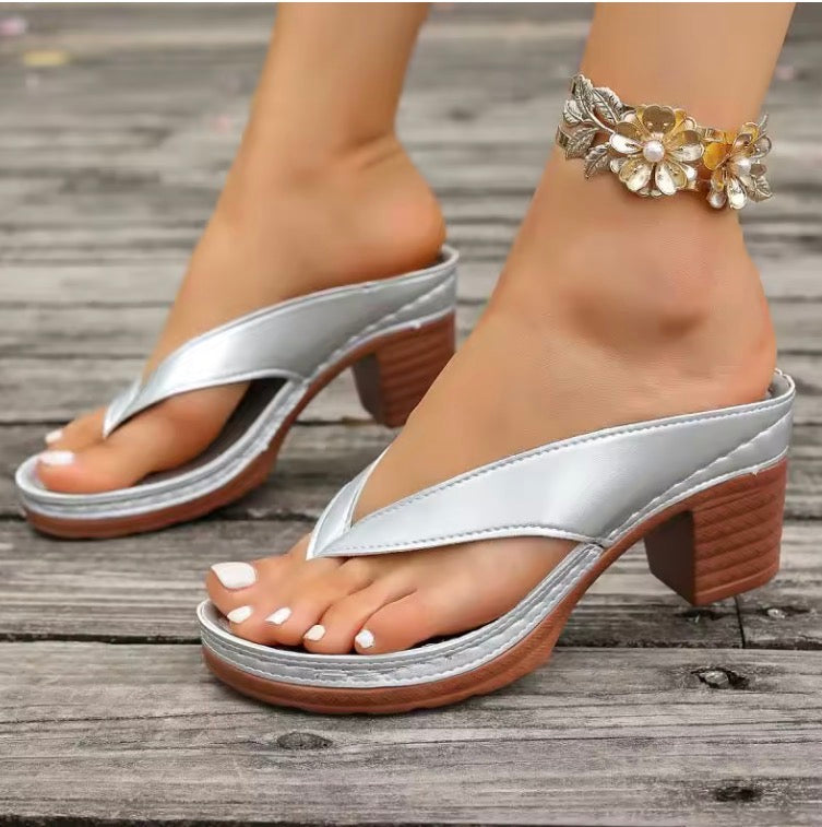 Elegant Silver Block Heel Sandals