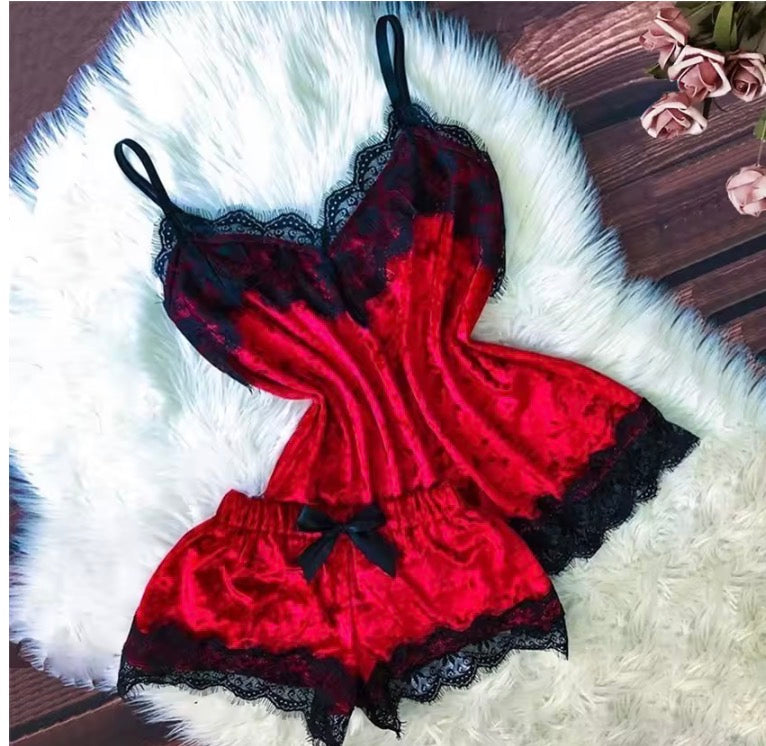 Elegant Lace Trim Satin Pyjama Set