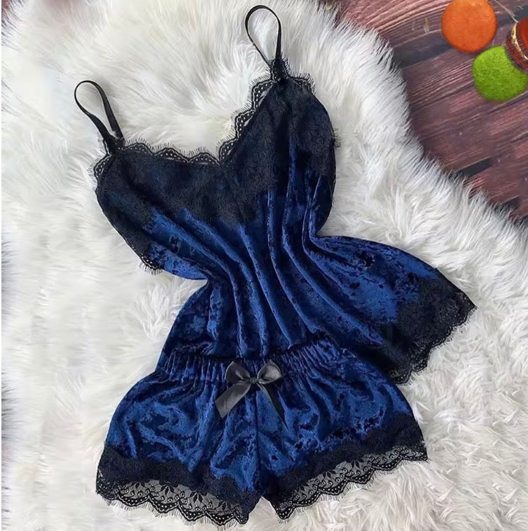 Elegant Lace Trim Satin Pyjama Set