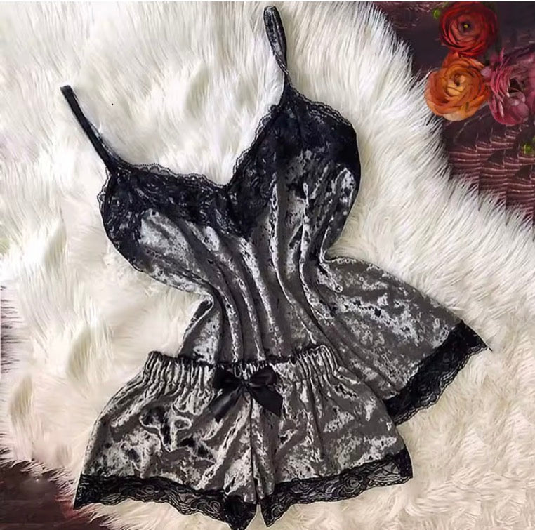 Elegant Lace Trim Satin Pyjama Set