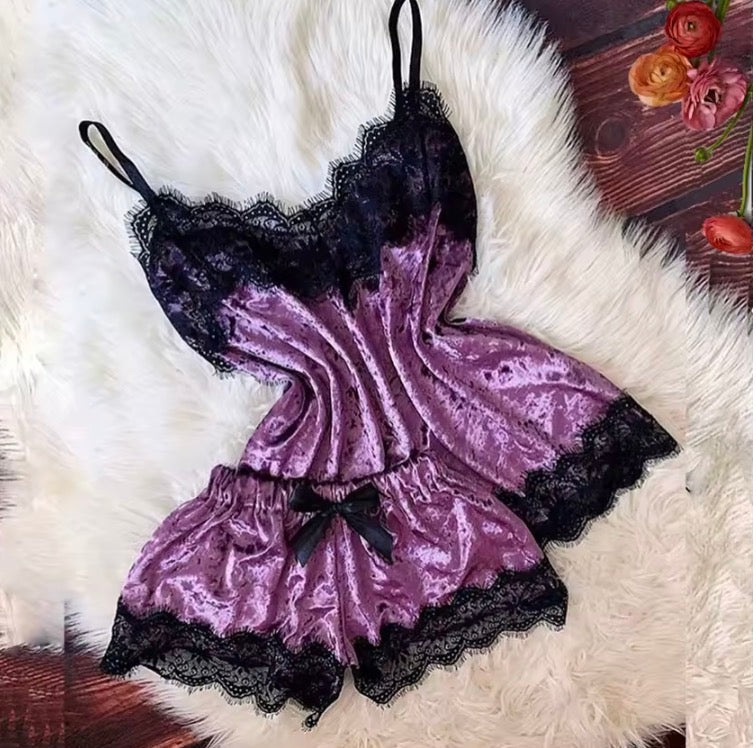 Elegant Lace Trim Satin Pyjama Set