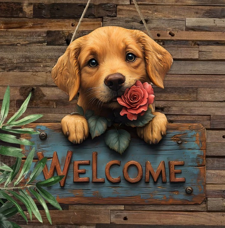 25CM 2D Flat Wooden Dog Welcome Sign