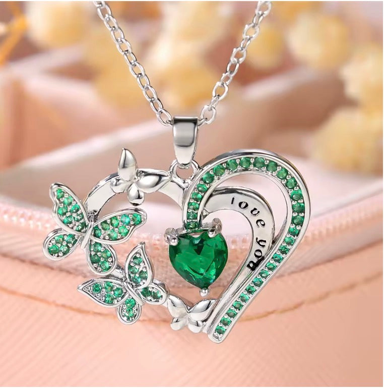 Female Crystal White Green Zircon Stone Heart Butterfly Pendant