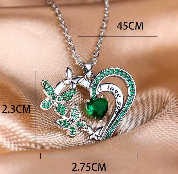 Female Crystal White Green Zircon Stone Heart Butterfly Pendant