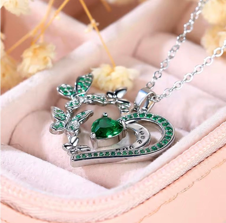 Female Crystal White Green Zircon Stone Heart Butterfly Pendant