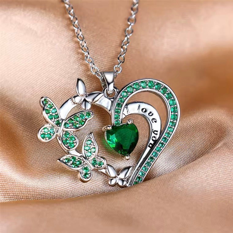 Female Crystal White Green Zircon Stone Heart Butterfly Pendant