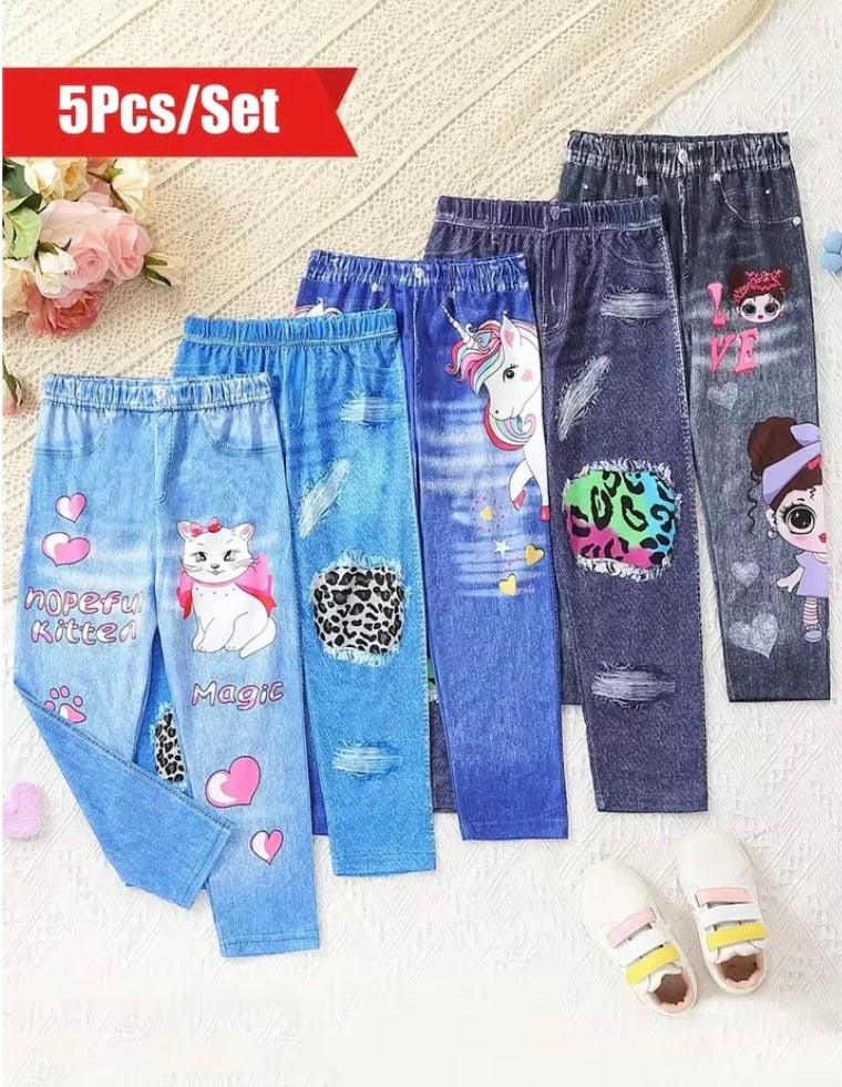 Girls 5 Sets Of Fashion Casual Soft Leggings