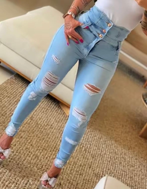 Women Fashion Stretch Ripped Distressed Skinny High Waist Denim Jeans