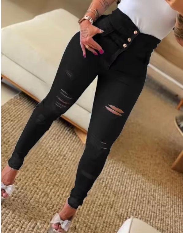 Women Fashion Stretch Ripped Distressed Skinny High Waist Denim Jeans