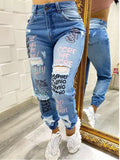 Letter Print Slant Pocket Ripped Jeans