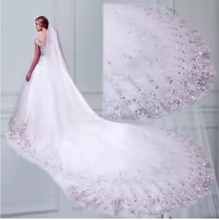 Wide Tail Single Layer Sequin Lace Bridal Wedding Veil