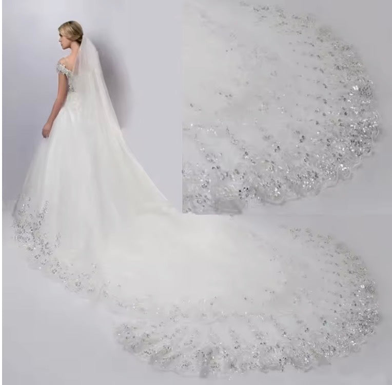 Wide Tail Single Layer Sequin Lace Bridal Wedding Veil