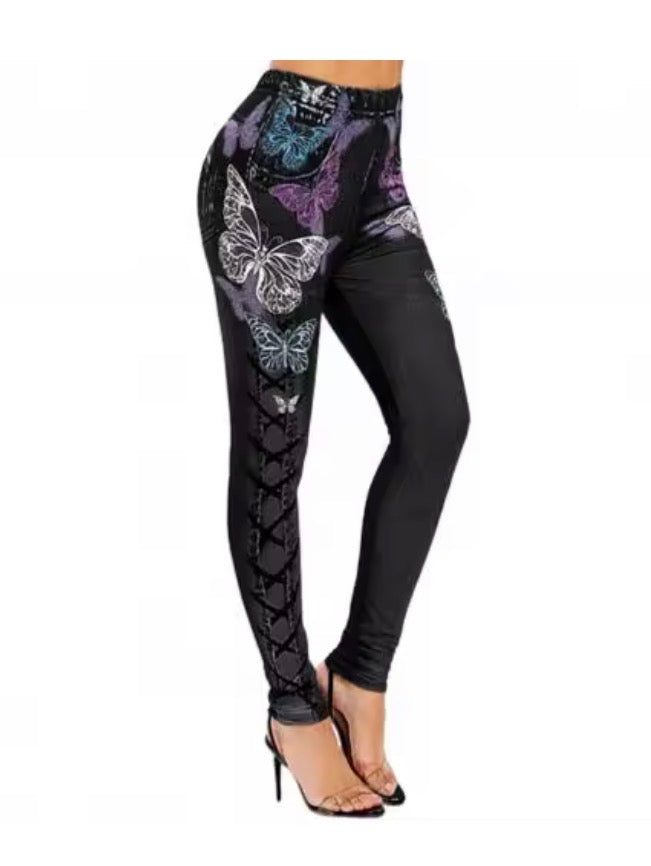 Skinny High Waist Women Pants Butterfly Print