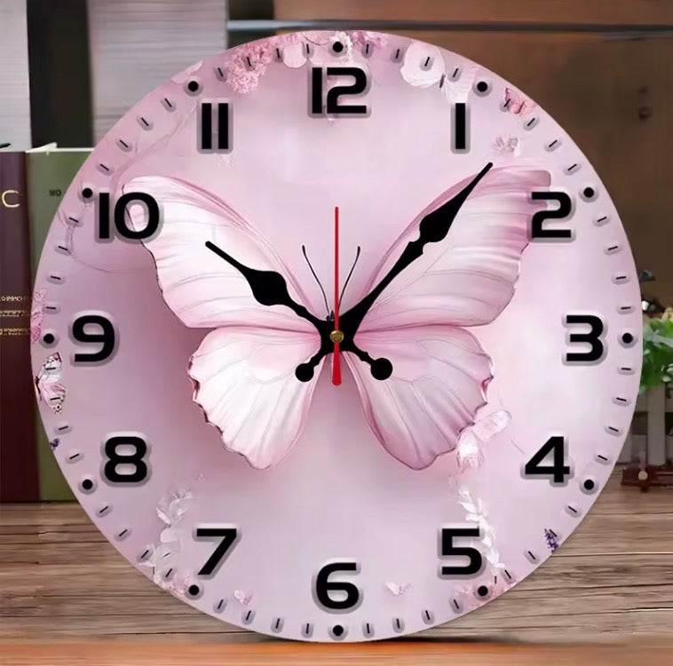 Pink Butterfly Wooden Round Silent Hanging Wall Clock
