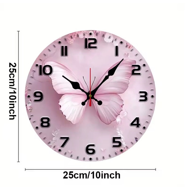 Pink Butterfly Wooden Round Silent Hanging Wall Clock