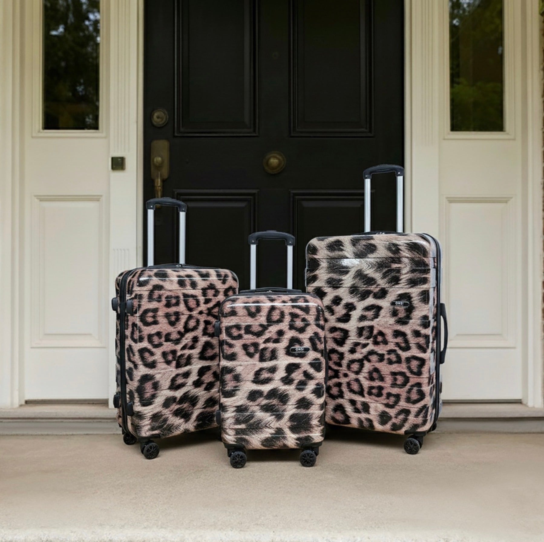 4 Wheel Leopard Print Hard Shell Suitcase, Natural - 3 Pack