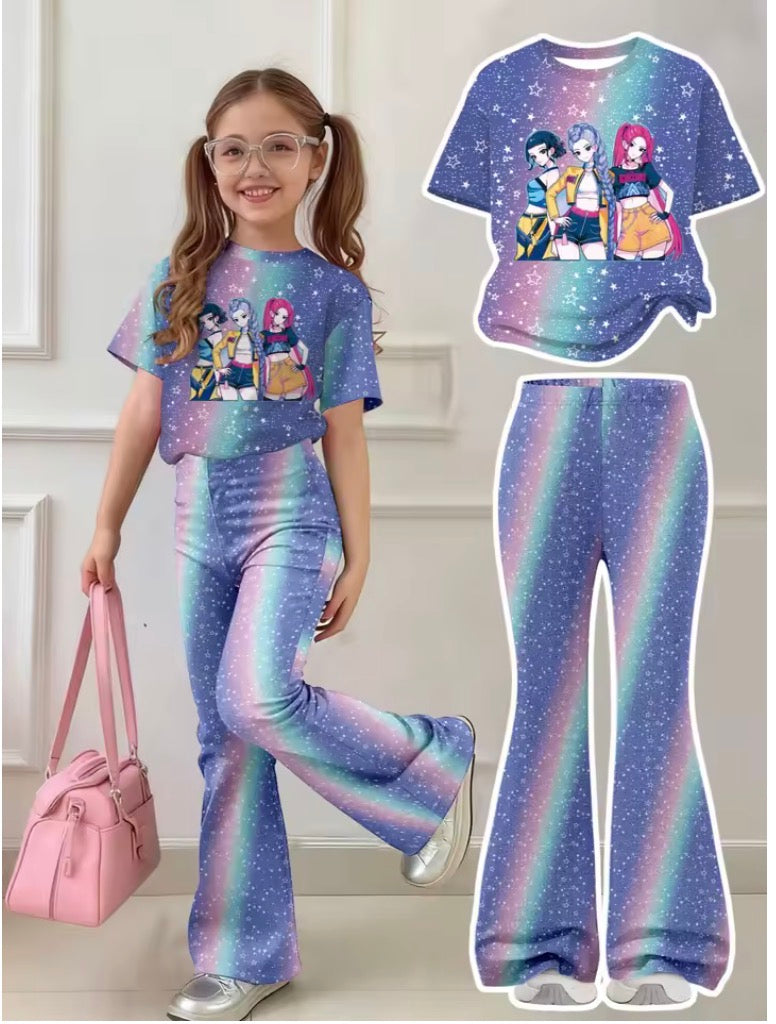 New Girls' Outfit Set: Gradient Girl Group Print Short-Sleeve T-Shirt + Rainbow Gradient Full-Print Flared Pants