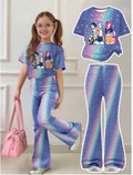 New Girls' Outfit Set: Gradient Girl Group Print Short-Sleeve T-Shirt + Rainbow Gradient Full-Print Flared Pants