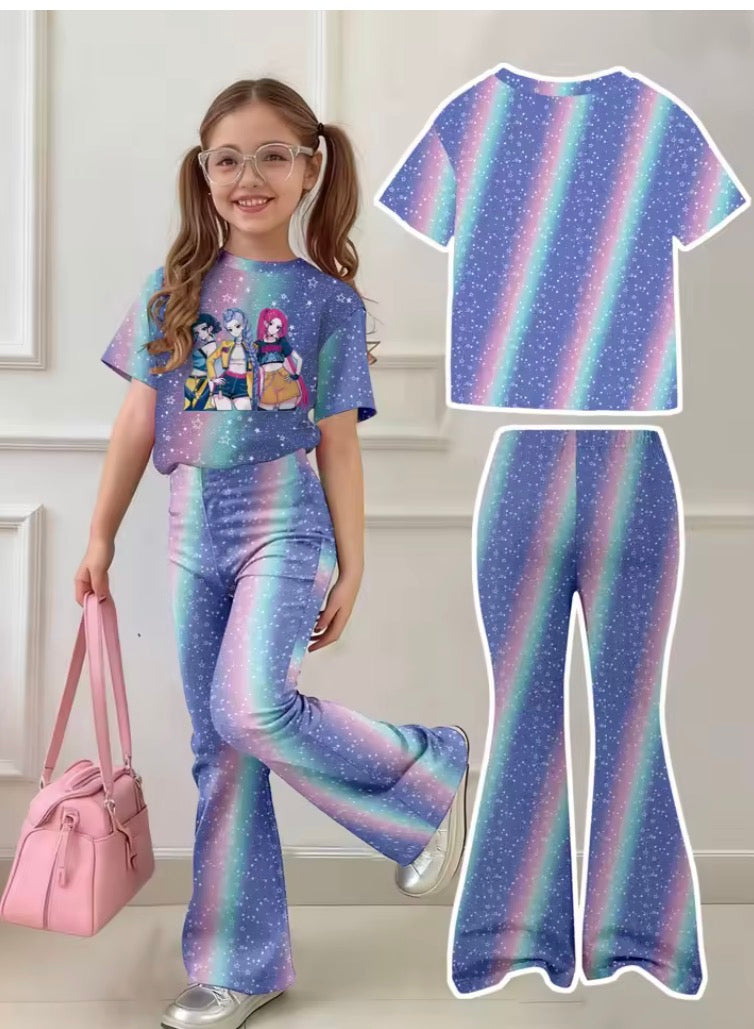 New Girls' Outfit Set: Gradient Girl Group Print Short-Sleeve T-Shirt + Rainbow Gradient Full-Print Flared Pants