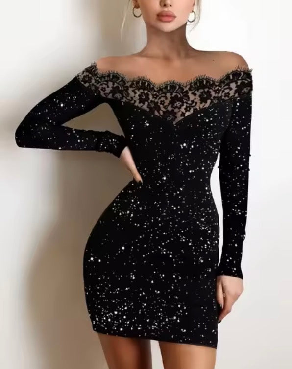 Lace Edge, One Shoulder Silver Powder Sprinkled Dress
