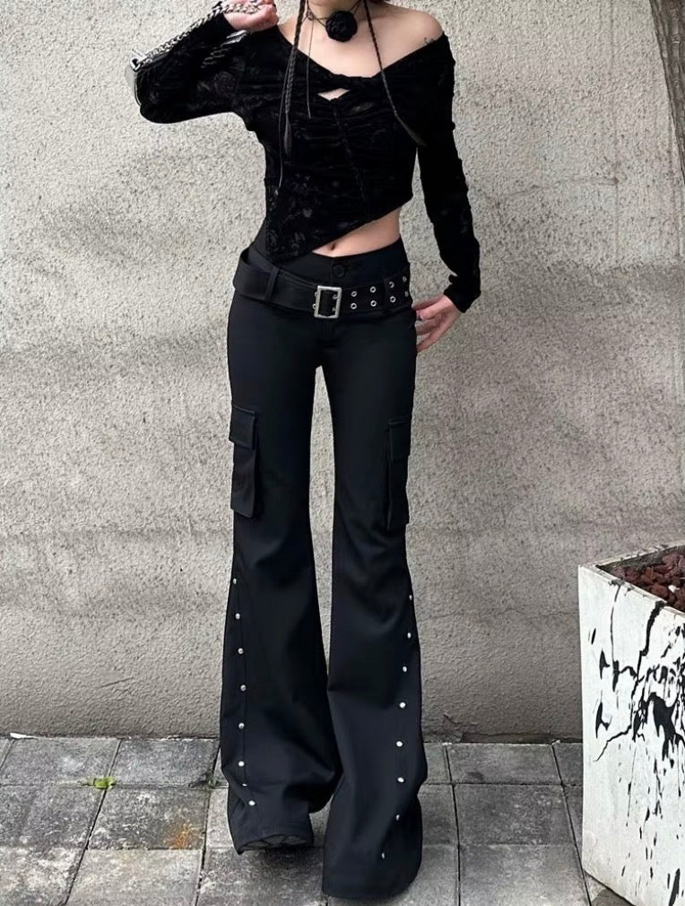 Retro new pure black rivet design belt decorative slim pants for women