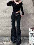 Retro new pure black rivet design belt decorative slim pants for women