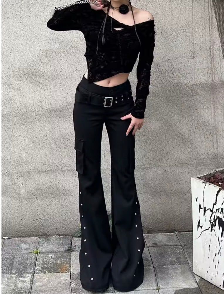 Retro new pure black rivet design belt decorative slim pants for women