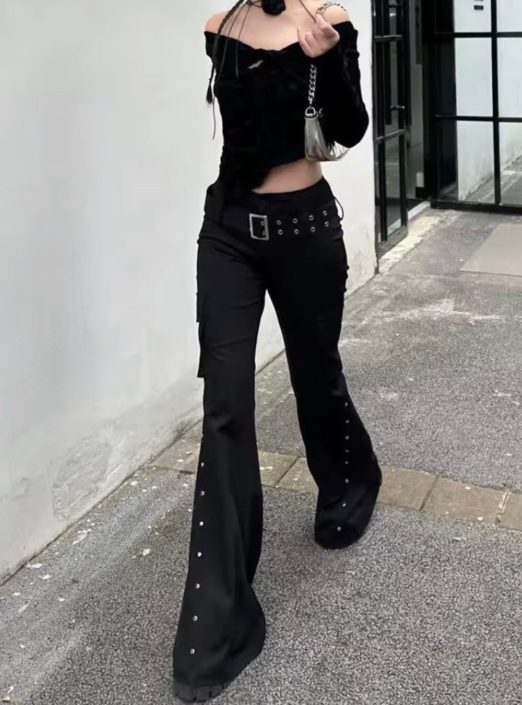 Retro new pure black rivet design belt decorative slim pants for women