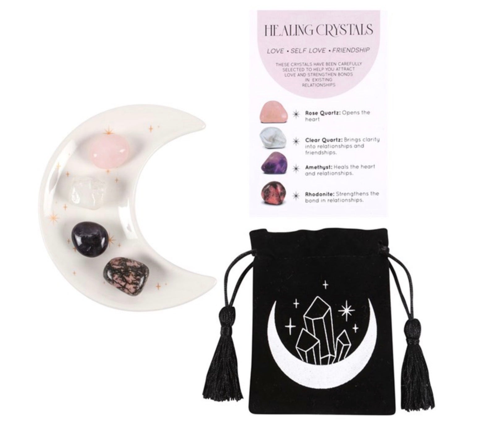 LOVE HEALING CRYSTAL SET WITH MOON TRINKET DISH