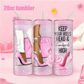 1pc 20oz Straw Water Bottle, Pink High Heels And Handbag Pattern.