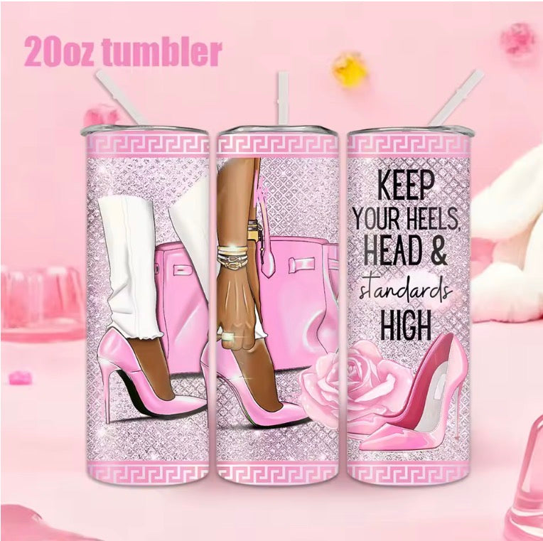 1pc 20oz Straw Water Bottle, Pink High Heels And Handbag Pattern.