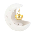 WHITE CRESCENT MOON OIL BURNER WITH GOLD DISH