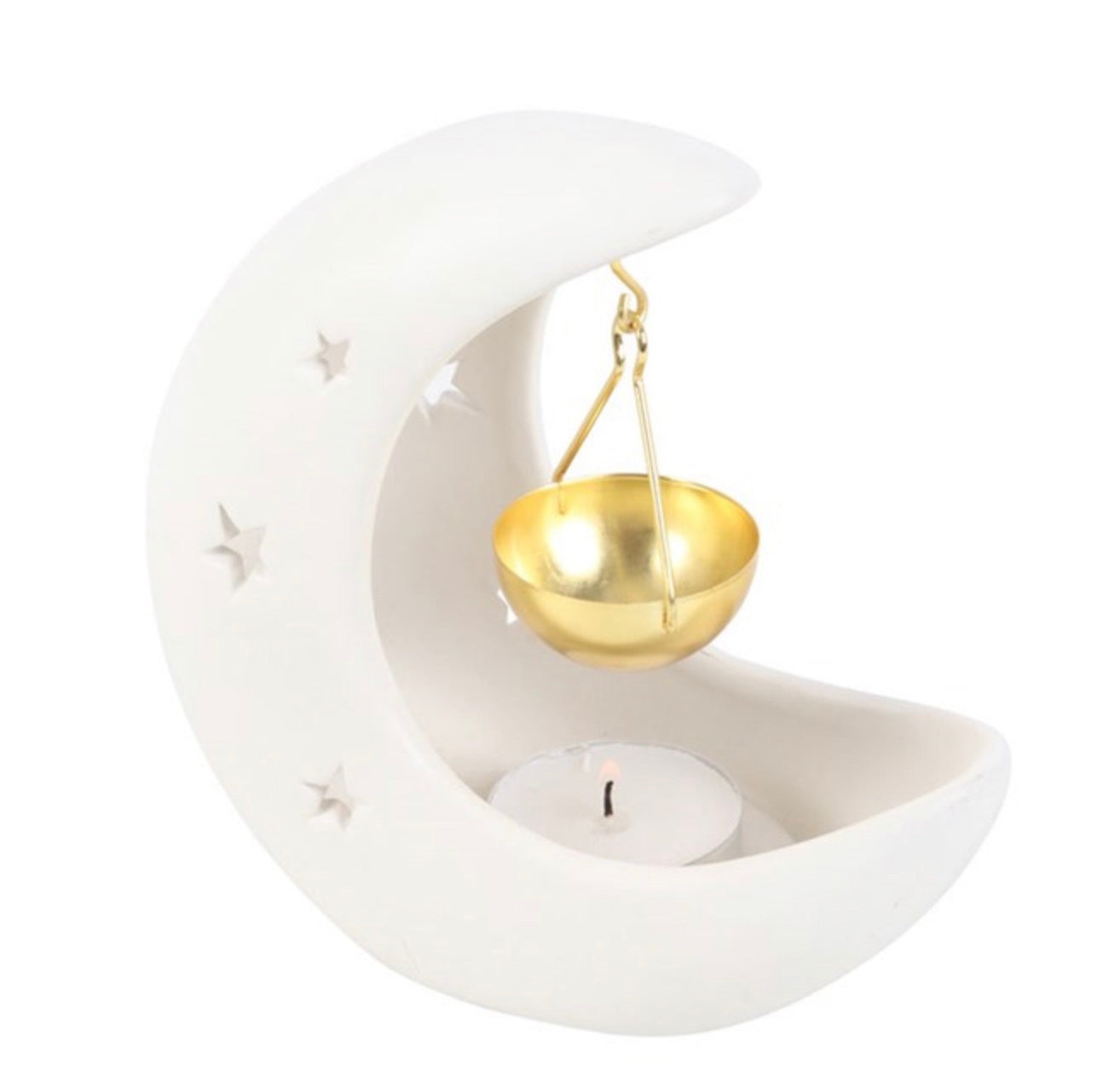 WHITE CRESCENT MOON OIL BURNER WITH GOLD DISH