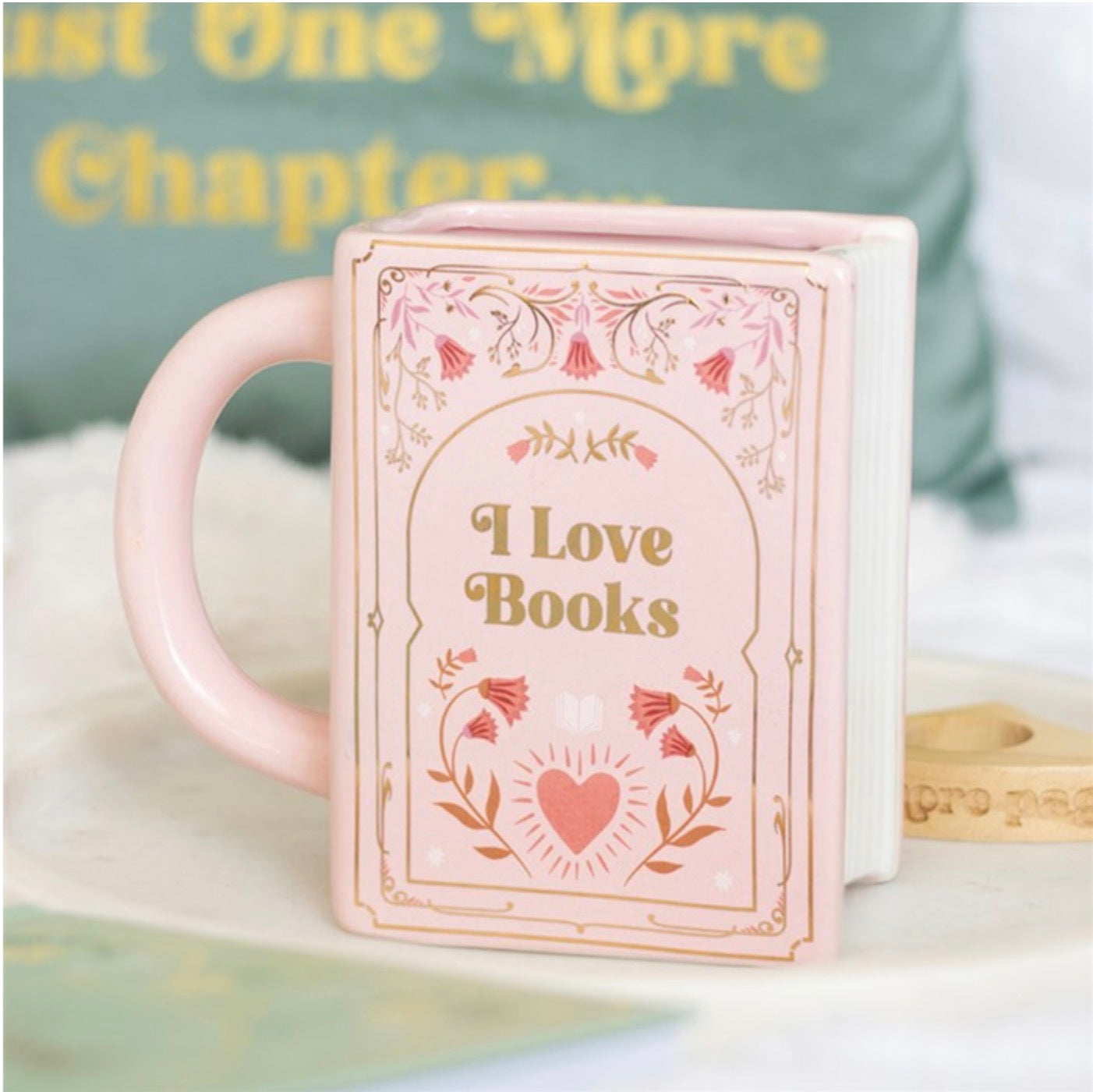 I LOVE BOOKS PINK BOOK SHAPED MUG