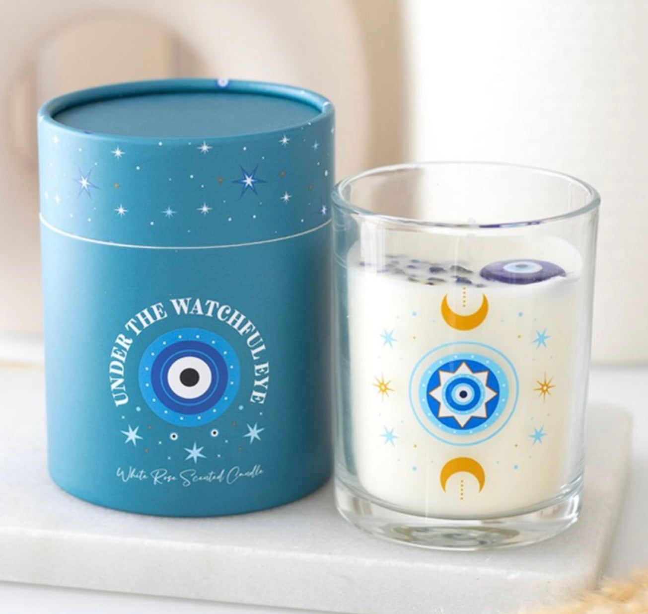 UNDER WATCHFUL EYES WHITE ROSE CANDLE WITH CRYSTALS