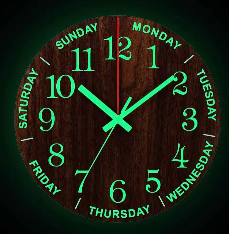 12 Inch Luminous Wall Clock Wood Silent Light In Dark Night