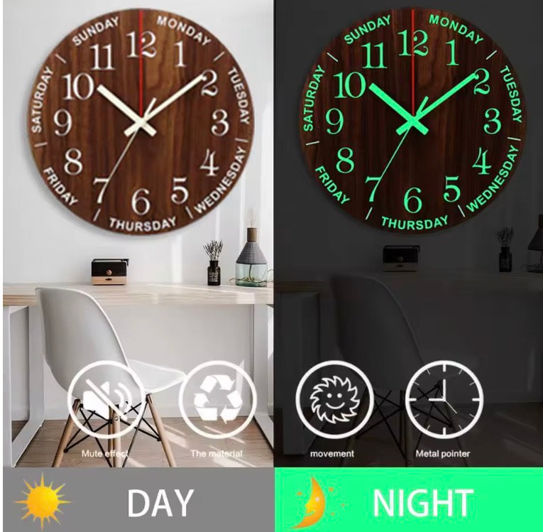 12 Inch Luminous Wall Clock Wood Silent Light In Dark Night