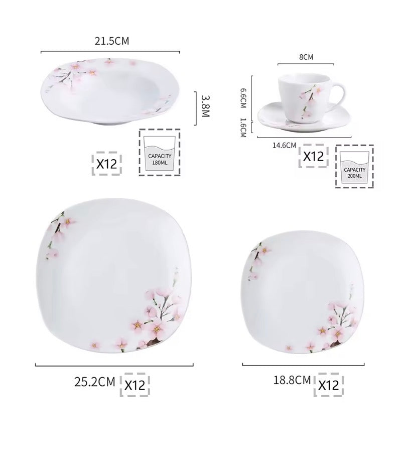 60-Piece White Ceramic Pink Floral Porcelain Plate Set