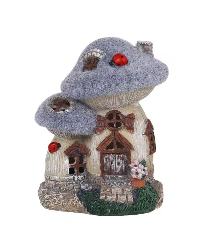 Mushroom House Sculpture with Solar Light