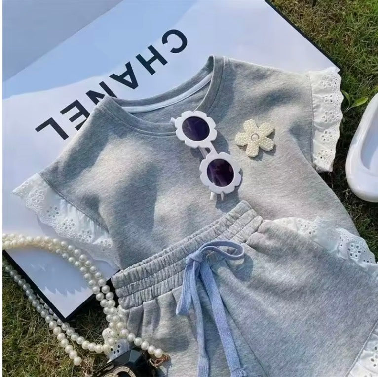Girls Clothes Set Cotton Lace Patchwork