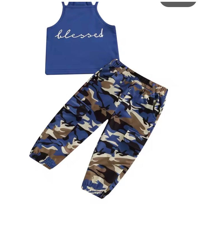 Girls Sleeveless Letter Print Sling Tank Tops + Elastic Waist Camouflage Trousers
