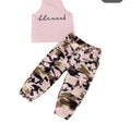 Girls Sleeveless Letter Print Sling Tank Tops + Elastic Waist Camouflage Trousers