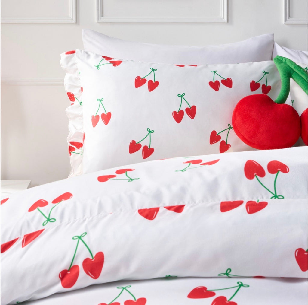 Cherry Print Frill Edge Duvet Set - White/Red