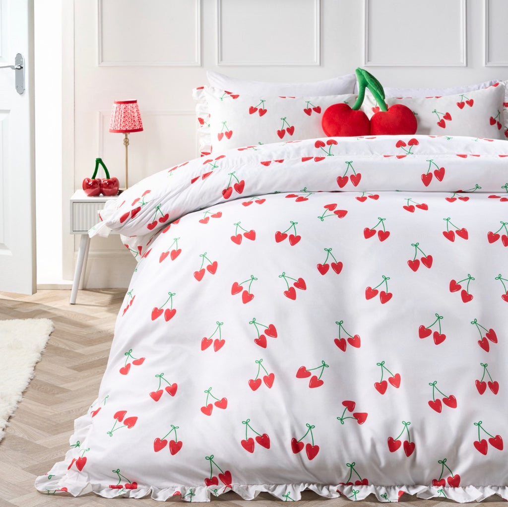 Cherry Print Frill Edge Duvet Set - White/Red